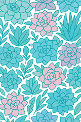 Seamless Succulent and Leaf Pattern in Pastel Colors