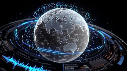 3D spinning wireframe Earth energy nodes, power flow arcs wrapping continents market trend orbiting energy grid monitoring interface, sleek sci-fi holographic cinematic neon glow, global data ultra 4k - Powered by Adobe