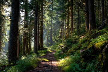Naklejka premium Sunlit forest path through tall trees (1)