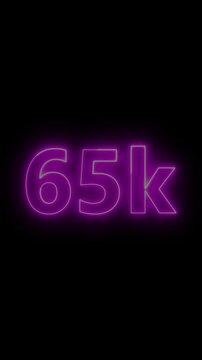 Glowing red neon 65K light text animation. Shining neon number motion graphic for 65K followers and subscribers celebration. Social media milestone achievement neon effect video on black background.