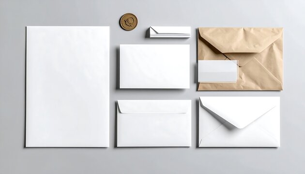 Professional branding identity mockup with blank white paper, envelopes, and a wax seal for business correspondence - Powered by Adobe