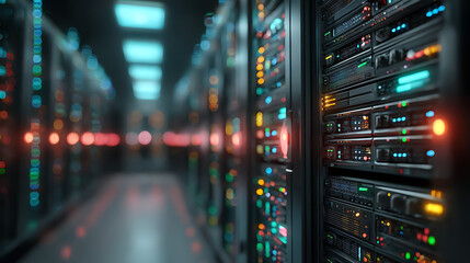abstract soft focus view of server racks with blurry blue and green lights