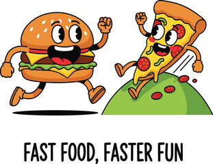 Funny cartoon pizza and burger running with playful quote, fast food characters for kids t-shirt design and humorous apparel graphics