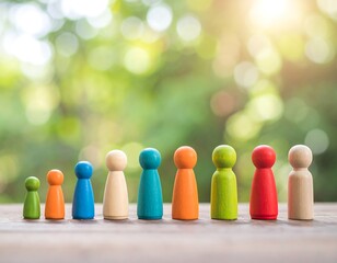 Colorful figures in a row against a blurred background
