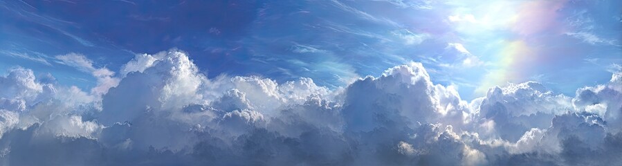 Panoramic view of a bright sky filled with fluffy white clouds, with a sunbeam and a subtle rainbow effect