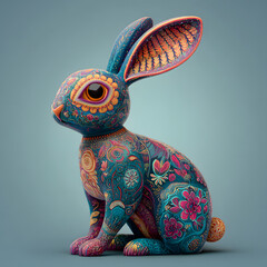 Colorful rabbit-shaped alebrije with floral ornamental motifs