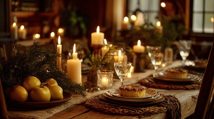 Obraz premium A night scene of farmhouse table dinner with glowing candles, apple tart centerpiece, pine accents