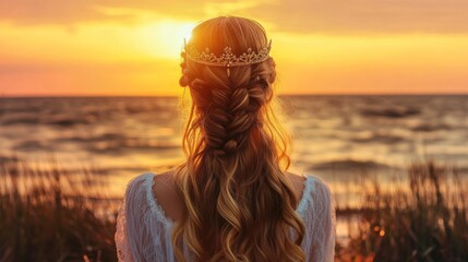 Golden Sunset, Woman with Crown, Coastal View, Contemplative Pose