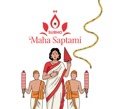 subho mahasaptami celebration illustration with traditional attire, ritual torches, symbolic lotus eye and festive garland honoring durga puja