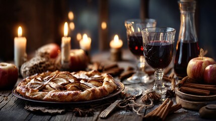 A rustic dinner scene in candlelight with apple galette, mulled wine, cinnamon sticks, cozy cottage atmosphere, copy space