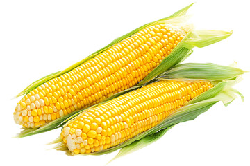 Two Fresh Corn Cobs with Green Husks isolated on a transparent background maize kernels
