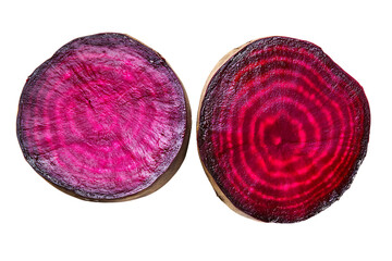 Two Beetroot Halves Showing Vibrant Pink and Red Rings isolated on a transparent background