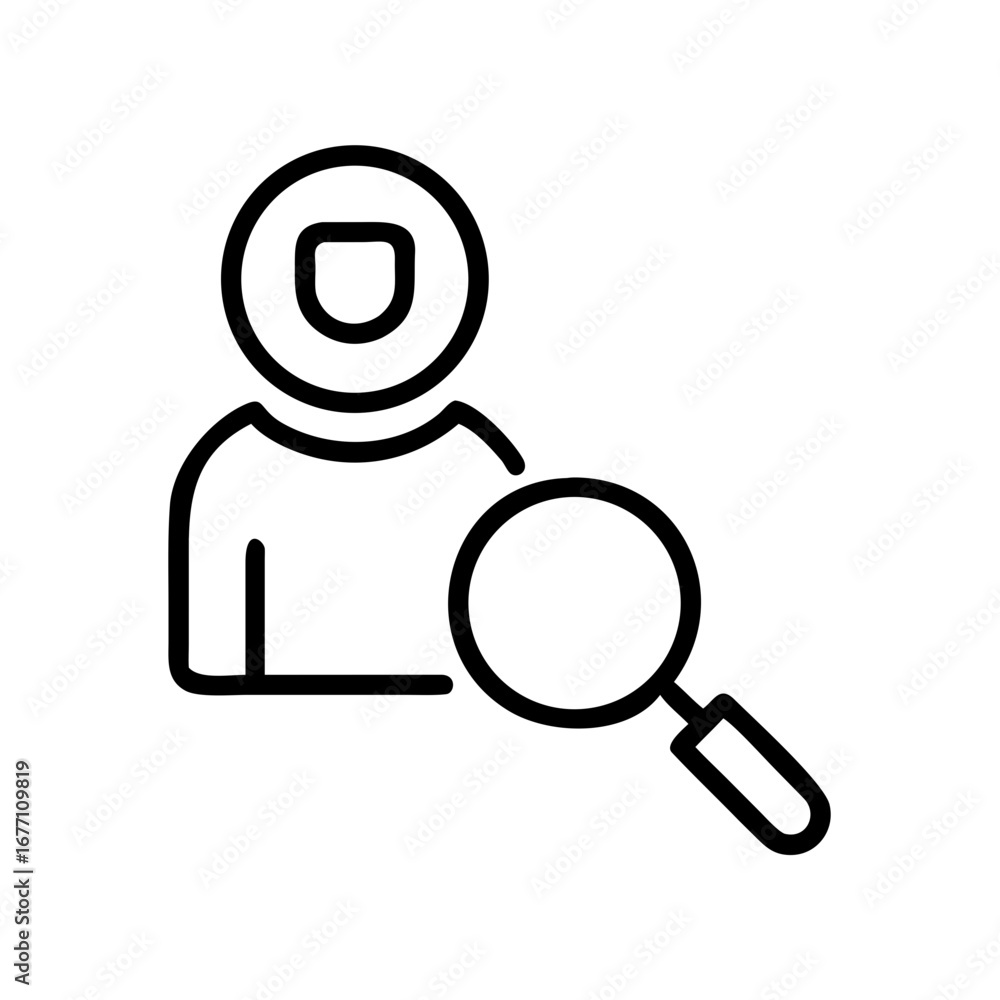 Poster person icon with shield in head and magnifying glass showing search or investigation in a simple out