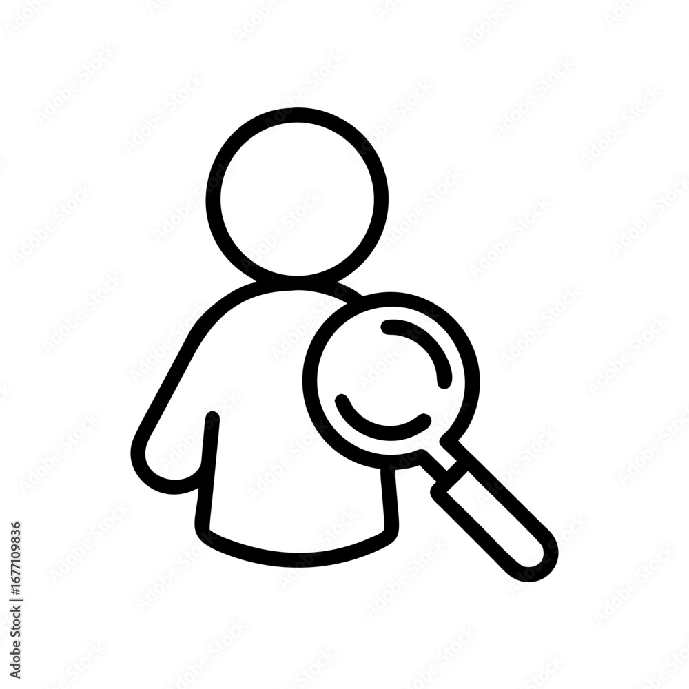 Poster person icon holding a magnifying glass representing search or investigation in a simple line drawing