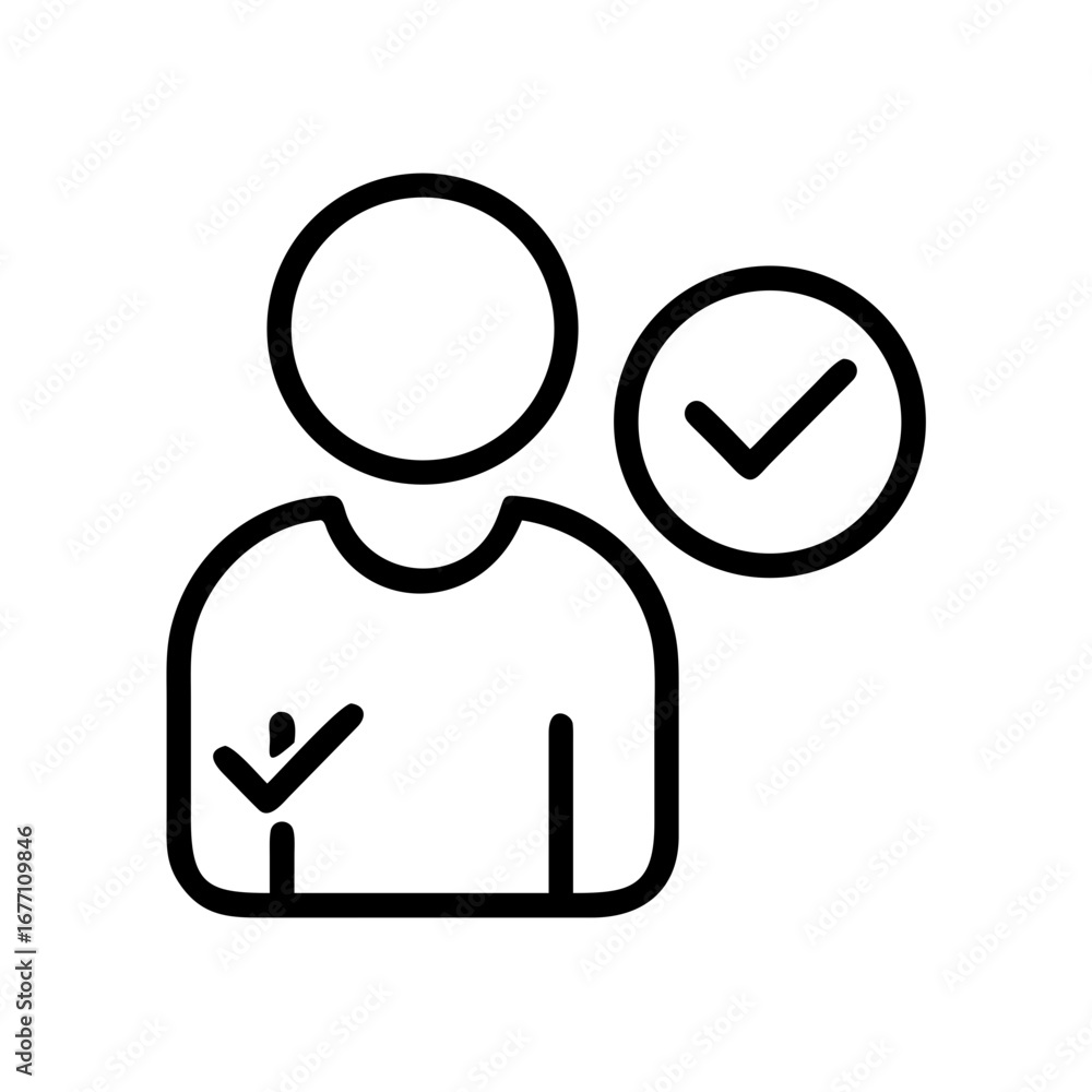 Poster person icon with checkmark indicating verification or approval in a simple line drawing style illust