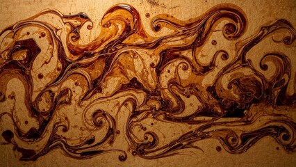 Golden abstract swirl pattern with dark caramel liquid on canvas background, modern art texture, artistic flow, warm tones, creative contemporary design