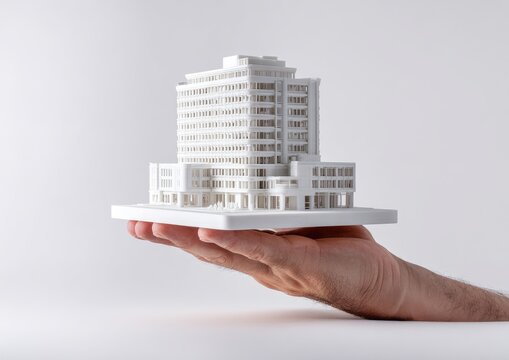 A hand holds a small, white 3D model of a multi-story building