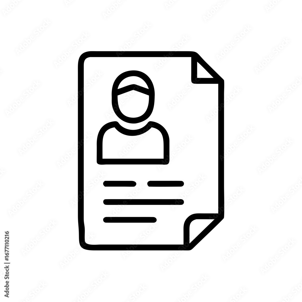 Poster a document with a person icon and text lines representing a resume or profile in a simple outline st