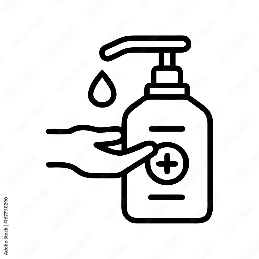 Poster illustration of a hand using hand sanitizer with a drop falling and a plus sign on the bottle label