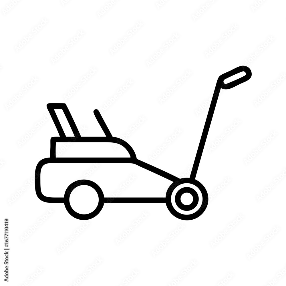 Aufkleber an illustration of a lawn mower with a handle and two wheels in a simple outline style design icon