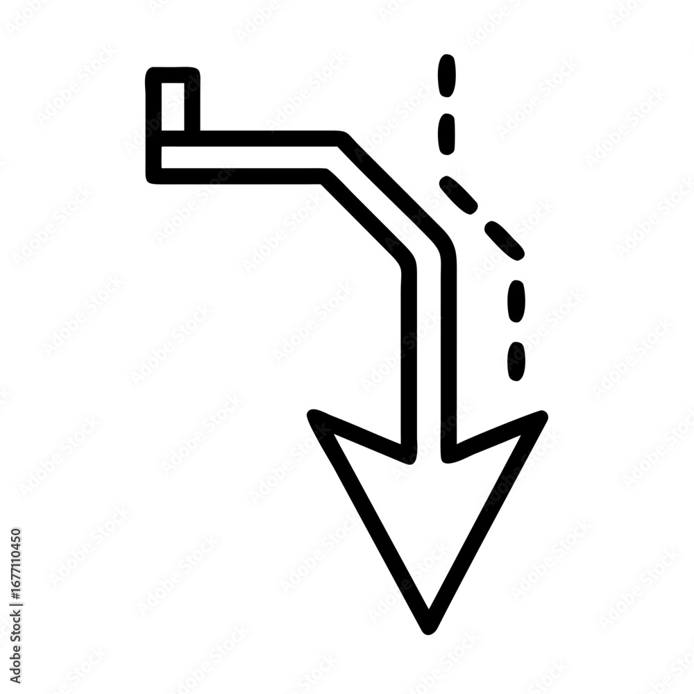 Poster black outline of a pipe connected to a wall with an arrow pointing downward and dotted line showing 