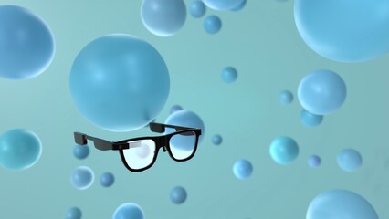 AR smart glasses floating among blue spheres with copy space