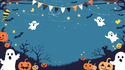 A festive Halloween banner or party invitation set against a spooky and fun background.