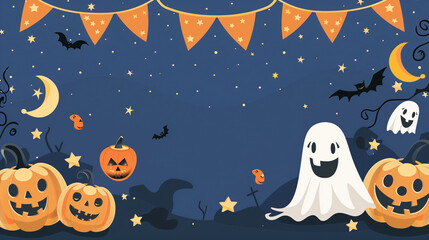 A festive Halloween banner or party invitation set against a spooky and fun background.