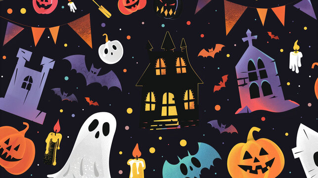 A festive Halloween banner or party invitation set against a spooky and fun background.
