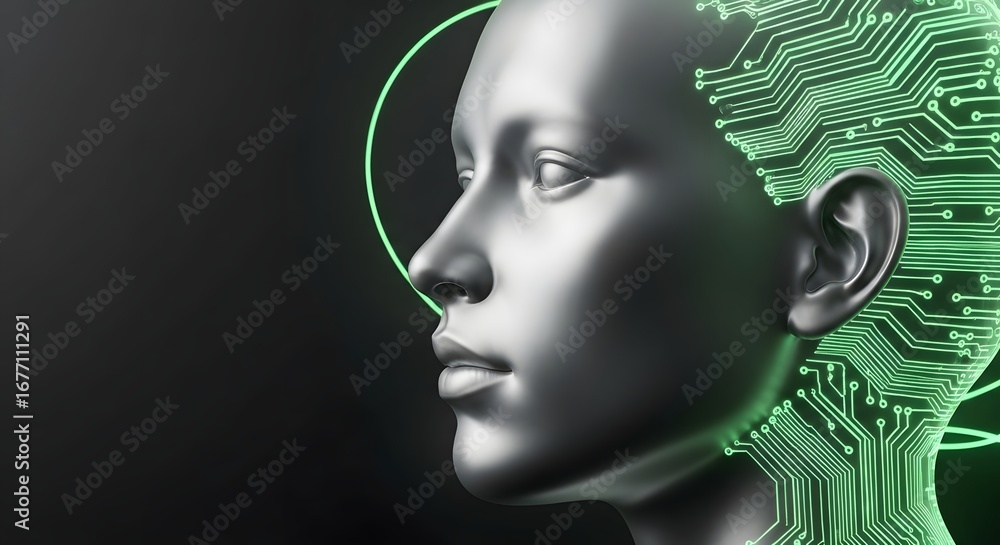 Poster conceptual metallic human head with glowing green circuit board patterns symbolizing artificial inte