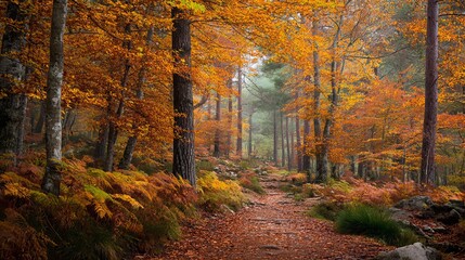 Stunning autumn foliage colors a serene hiking trail through a vibrant forest landscape scene