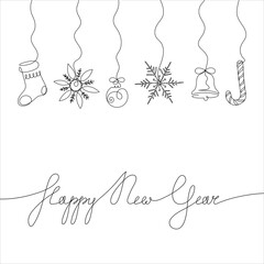 Continuous one-line drawing of New Year's snowflakes, sock, ball, bell, lollipop and "Happy New Year"lettering. New Years celebration concept isolated on white background.