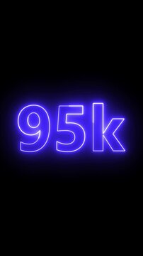 Glowing red neon 95K light text animation. Shining neon number motion graphic for 95K followers and subscribers celebration. Social media milestone achievement neon effect video on black background.