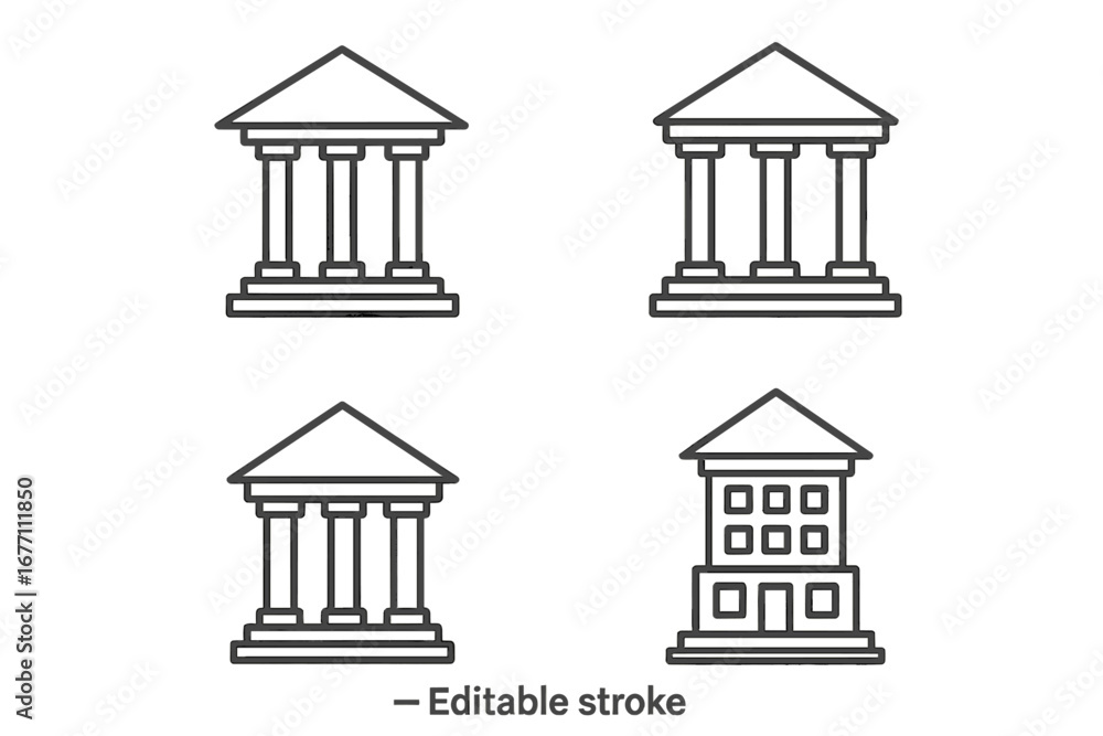 Aufkleber bank building outline icon set. finance and government architecture symbols. vector line art of cour