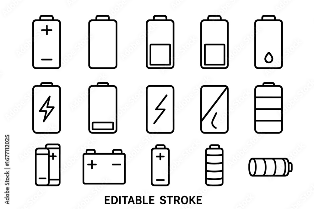 Poster battery icon set. line art collection of power and charge level symbols. vector illustration for ui 