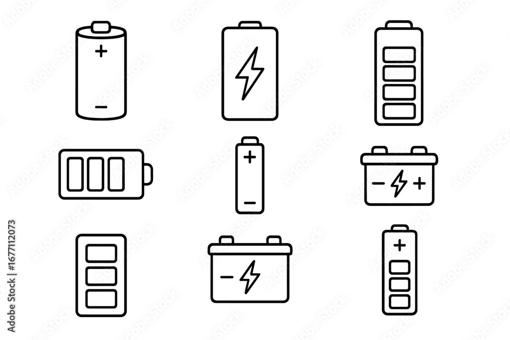 Poster battery icon set for power and energy concepts. charge level status indicator symbols. line art coll