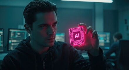Visionary programmer intently examines glowing AI chip, symbolizing future technology and innovation in a modern tech hub environment