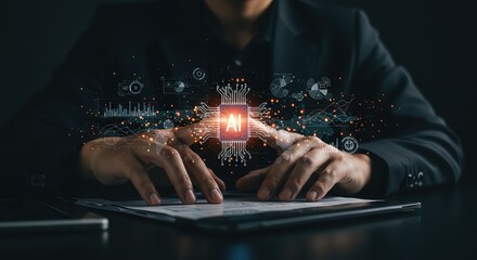 Dynamic AI integration powering futuristic business analytics with glowing data visualizations and a focused professional at work