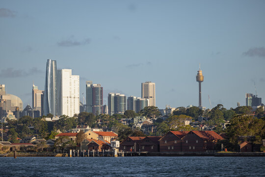 Sydney city skyline with Cockatoo Island in foreground