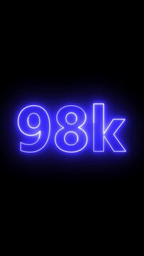 Glowing red neon 98K light text animation. Shining neon number motion graphic for 98K followers and subscribers celebration. Social media milestone achievement neon effect video on black background.
