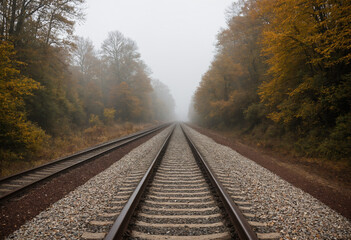 Photo Railway tracks disappear in an autumnal, misty landscape