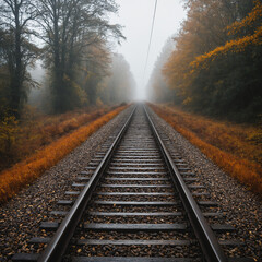 Fototapeta premium Photo Railway tracks disappear in an autumnal, misty landscape