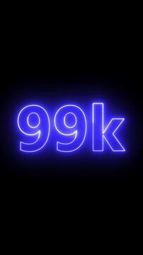 Glowing red neon 99K light text animation. Shining neon number motion graphic for 99K followers and subscribers celebration. Social media milestone achievement neon effect video on black background.