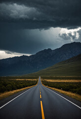 Naklejka premium Photo Road leading to mountains under stormy skies