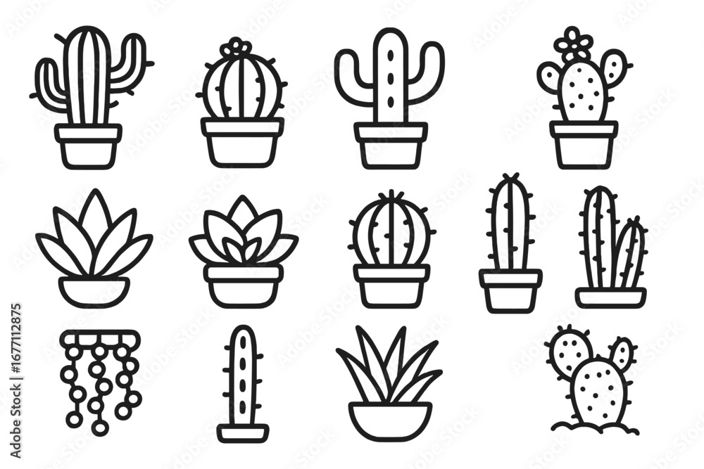 Poster cactus and succulent simple isolated line icons collection. editable stroke vector set for web, apps