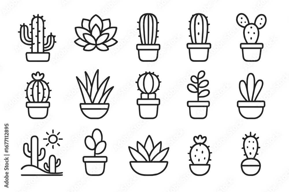 Aufkleber cactus and succulent simple line icon collection. editable stroke vector graphic set for web and pri