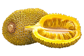 Vibrant yellow jackfruit cut open showing fibrous interior isolated on a transparent background