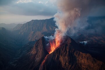 Erupting volcano, fiery plume, mountain peak