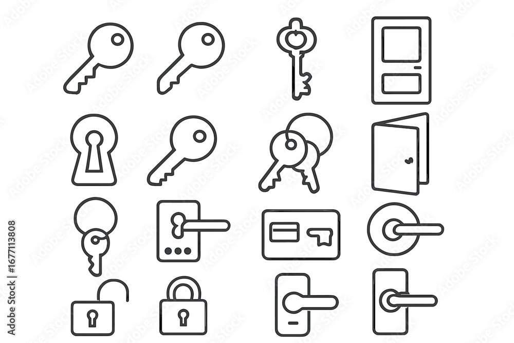 Poster key and door thin line icon set. vector collection of security and access symbols like lock, padlock