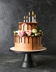 Birthday cake with candles and flowers